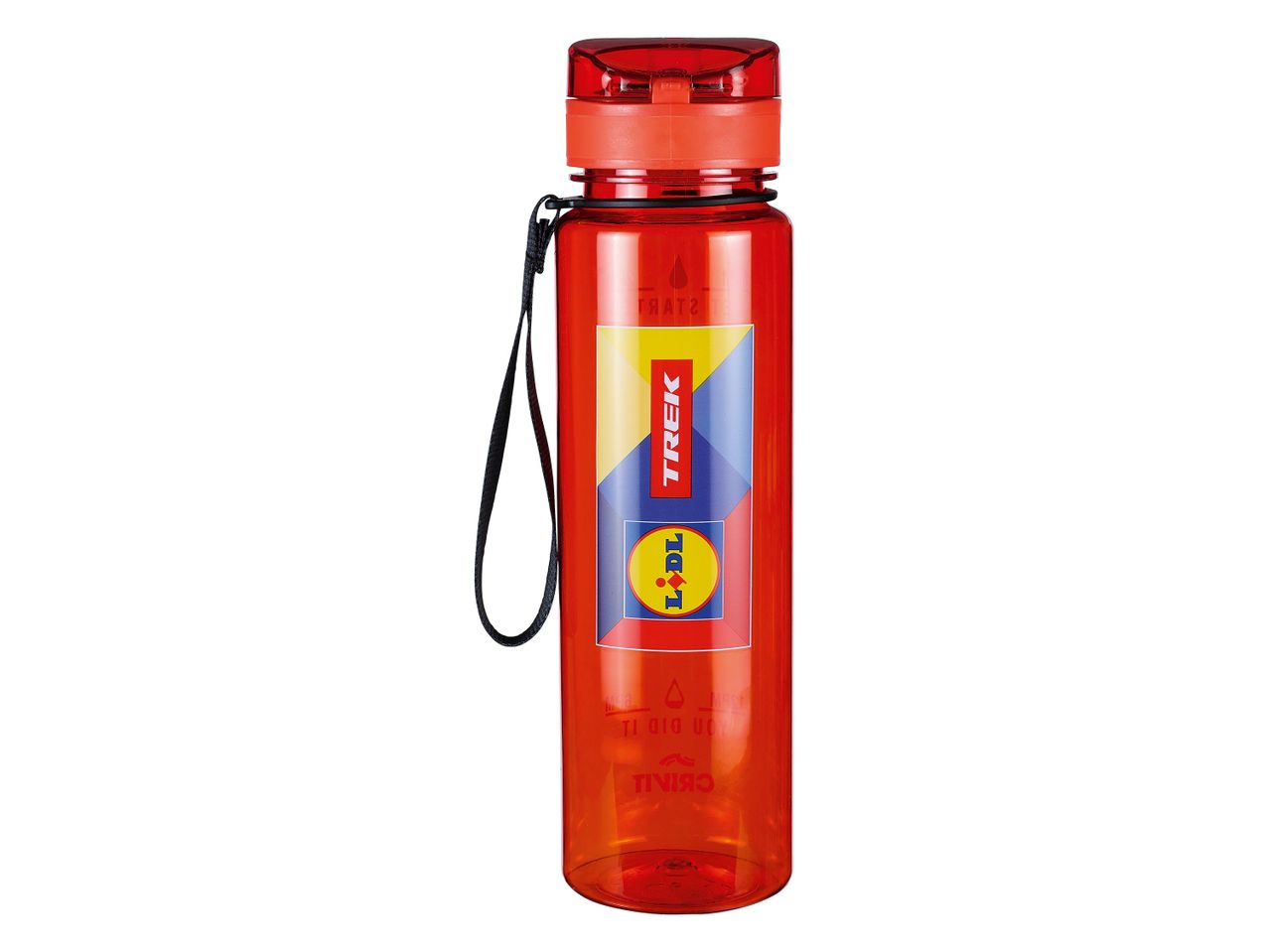 Gourde rouge avec anse, idéale pour le sport.