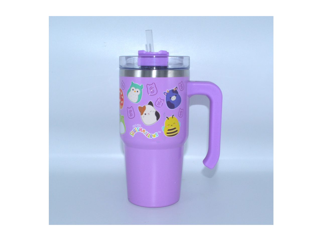 A purple, unicorn-themed, stainless steel tumbler with a handle and straw.