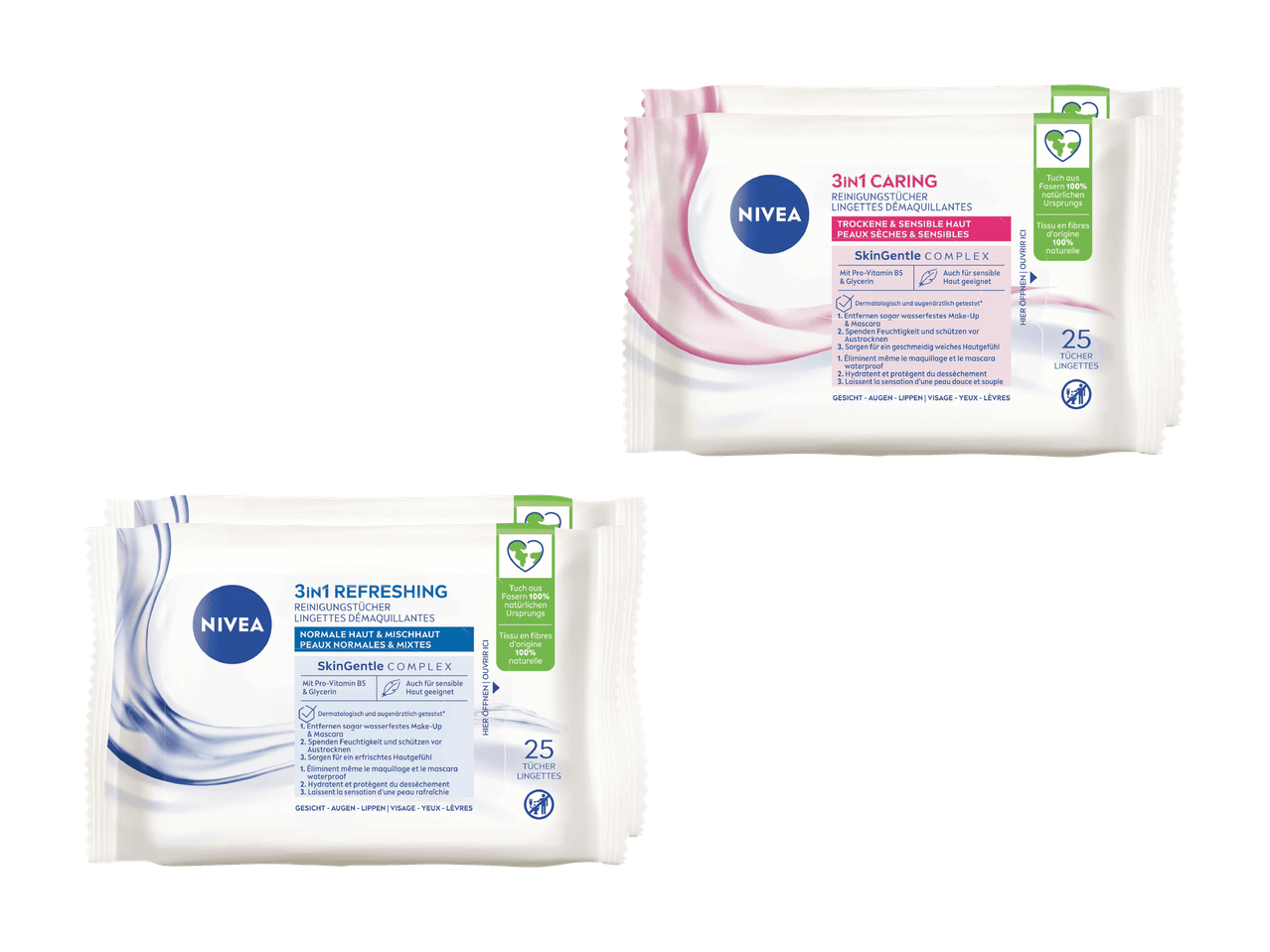 Zwei Packungen Abschminktücher, eine für trockene und empfindliche Haut, die andere für normale und Mischhaut.