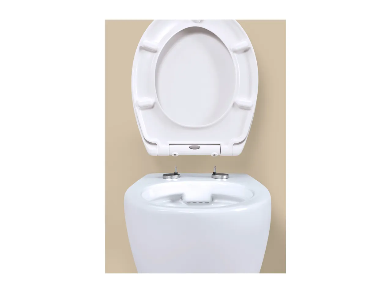White toilet with the seat and lid lifted, showing the hinges.