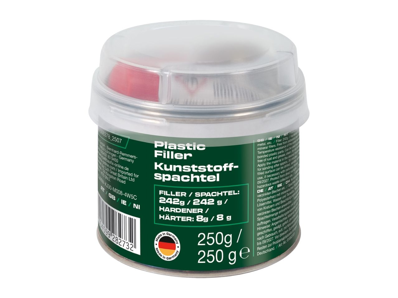 Plastic filler for repairs, 250g, with instructions in multiple languages.