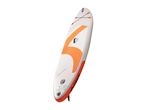 White and orange inflatable stand-up paddleboard with a black fin and bungee cords.