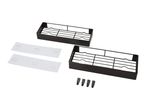 Two black metal shower caddies with clear adhesive strips and hooks.