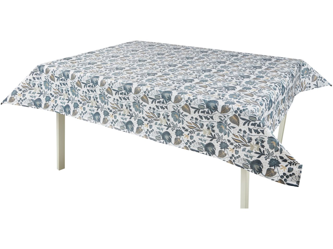 Tovaglia rettangolare con motivo floreale grigio e bianco su tavolo.