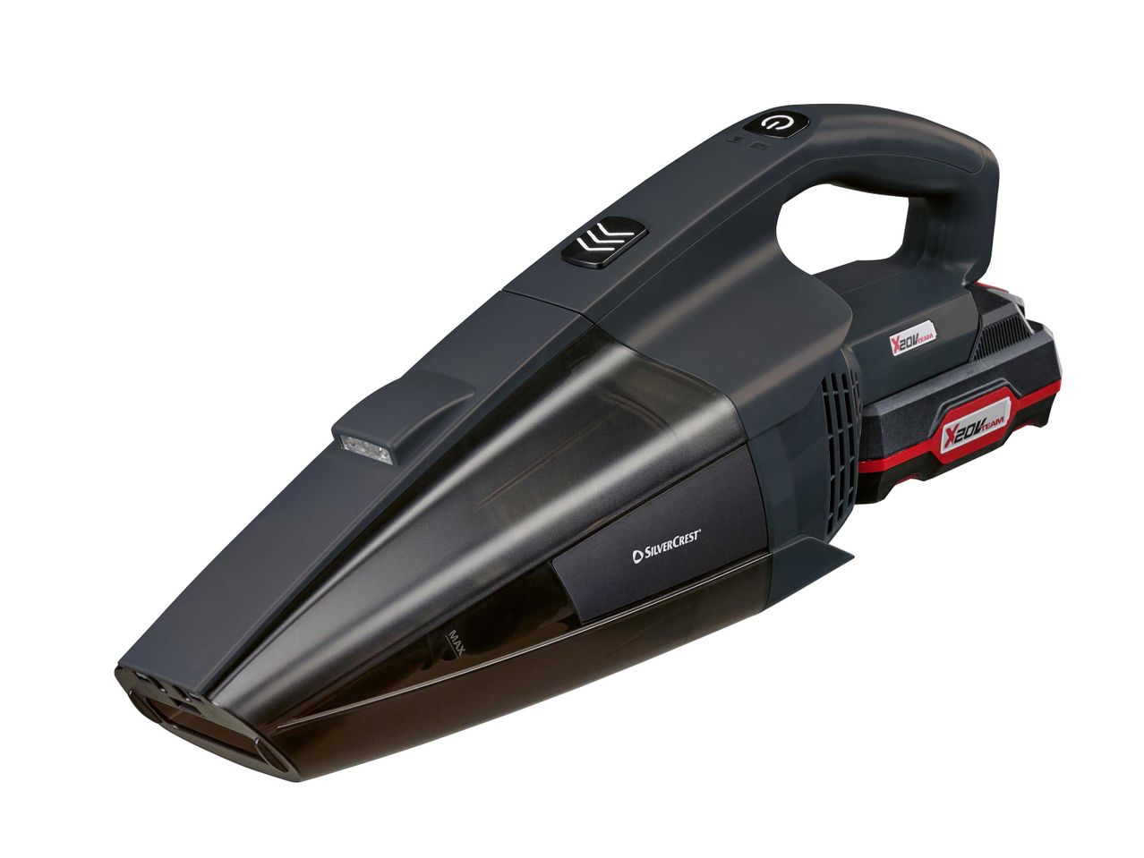 Sötétszürke SilverCrest kézi porszívó fekete és piros X 20V Team akkumulátorral.