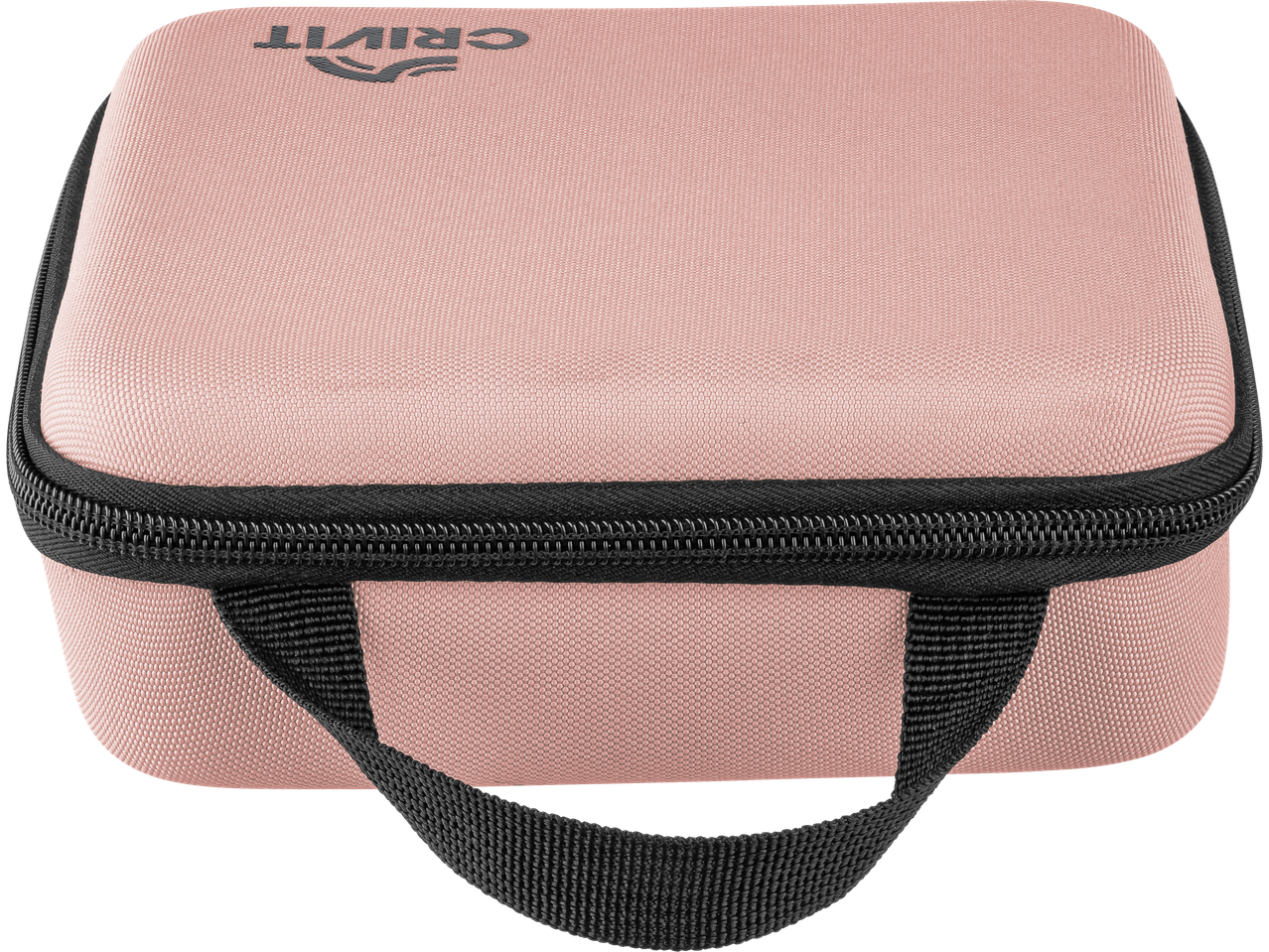 Pink CRIVIT Mini Massage Gun case with a black zipper and handle.