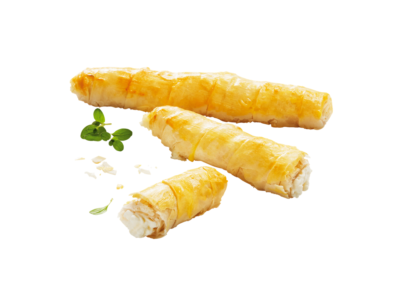 Trys auksinės spalvos sūrio pyragaičiai, papuošti oregano.