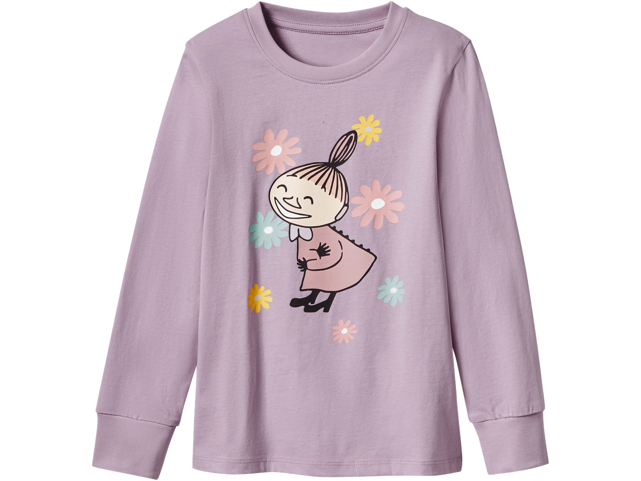 Lila Muminpyjamas med ett leende Lilla My-motiv och blommor.