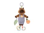 Plush capybara baby activity toy with rings, leaf, and orange attachments.