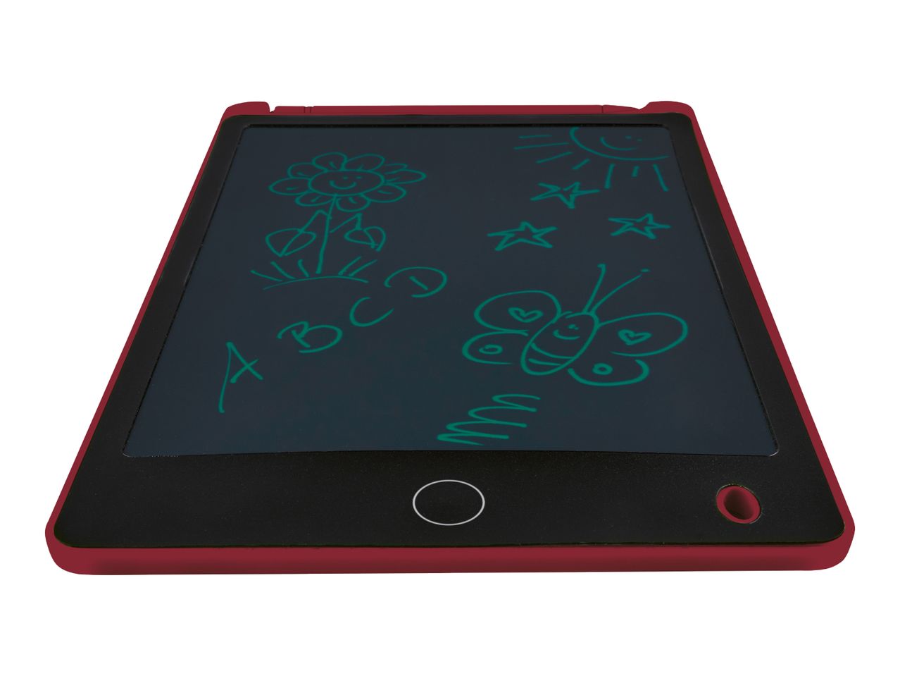 Red drawing tablet with green doodles of a flower, sun, stars, butterfly, and letters.