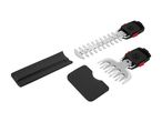 Two hedge trimmer blades and two protective covers on a white background.