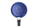 Blue frying pan with a black handle, showing various cooking hob compatibility symbols on its base.