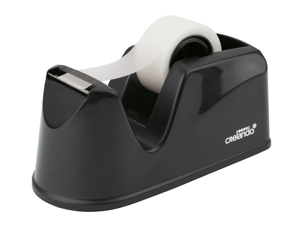 Black tape dispenser with a roll of white adhesive tape, ready for use.