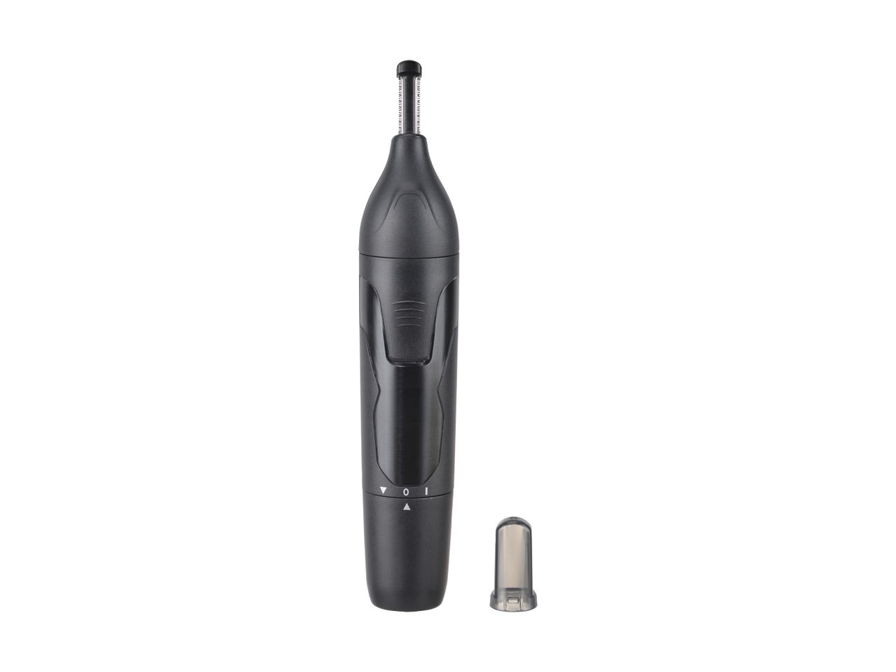 Black nose and ear hair trimmer with a clear protective cap.