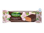 Varena glazed curd cheese bar, chocolate flavor, with pink flowers on packaging.