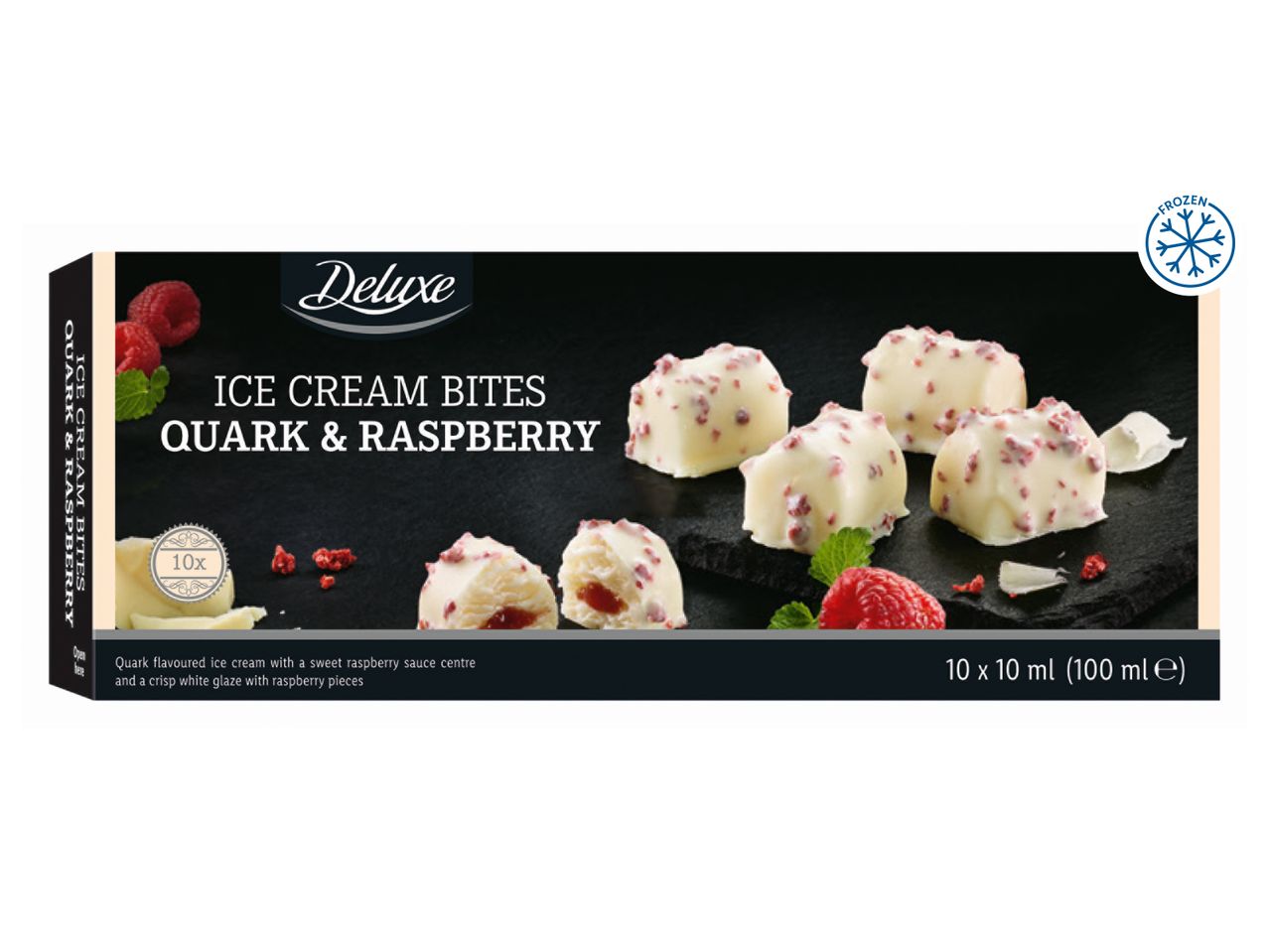 Frozen quark and raspberry ice cream bites with a white glaze and raspberry pieces.