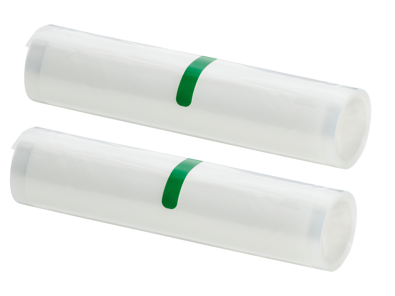 Divi vakuuma maisiņu ruļļi pārtikas uzglabāšanai.