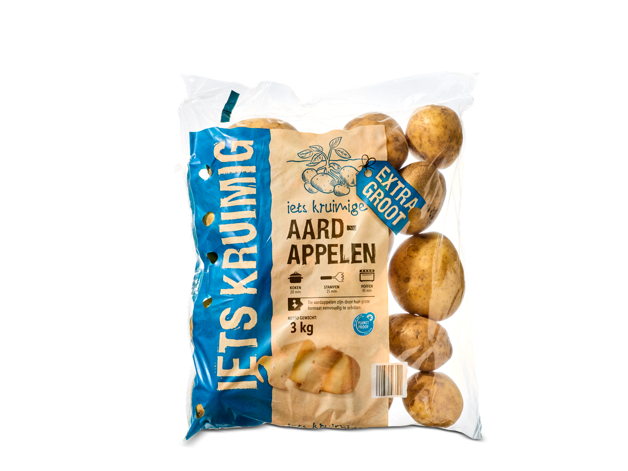 Zak extra grote, kruimige aardappelen met bereidingswijze en 'Planet Proof' keurmerk.