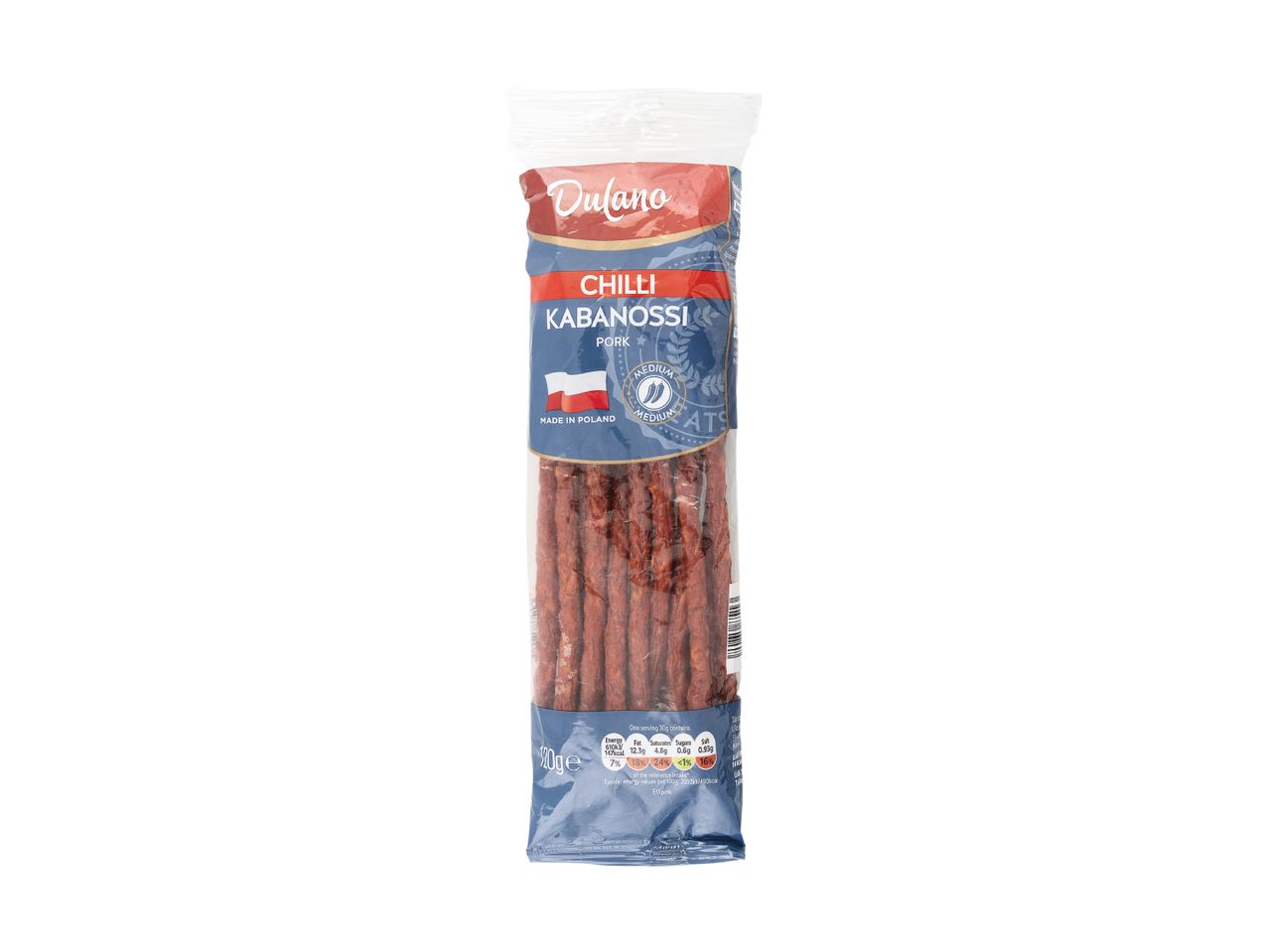 Chilli kabanossi pork sausages, made in Poland, with nutritional information.