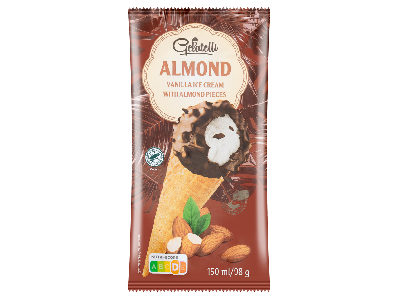 Gelatelli mandulás vanília jégkrém ostyában, csokoládéval bevonva.