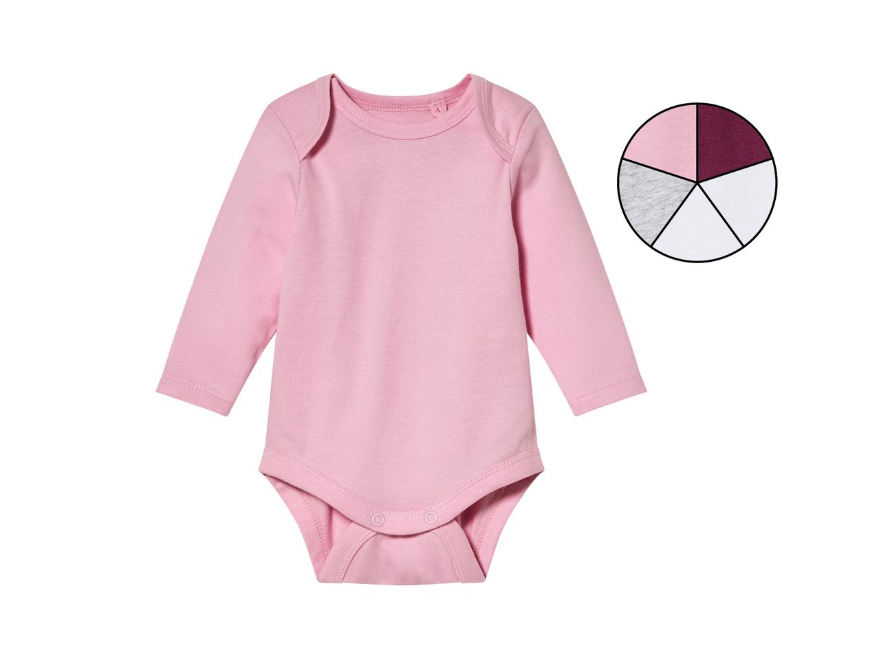 Pink long-sleeved baby bodysuit with a color swatch showing pink, grey, white, and burgundy options.