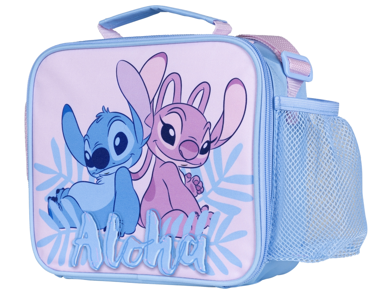 Sac à lunch rose et bleu avec des personnages de dessins animés et le mot 'Aloha'.