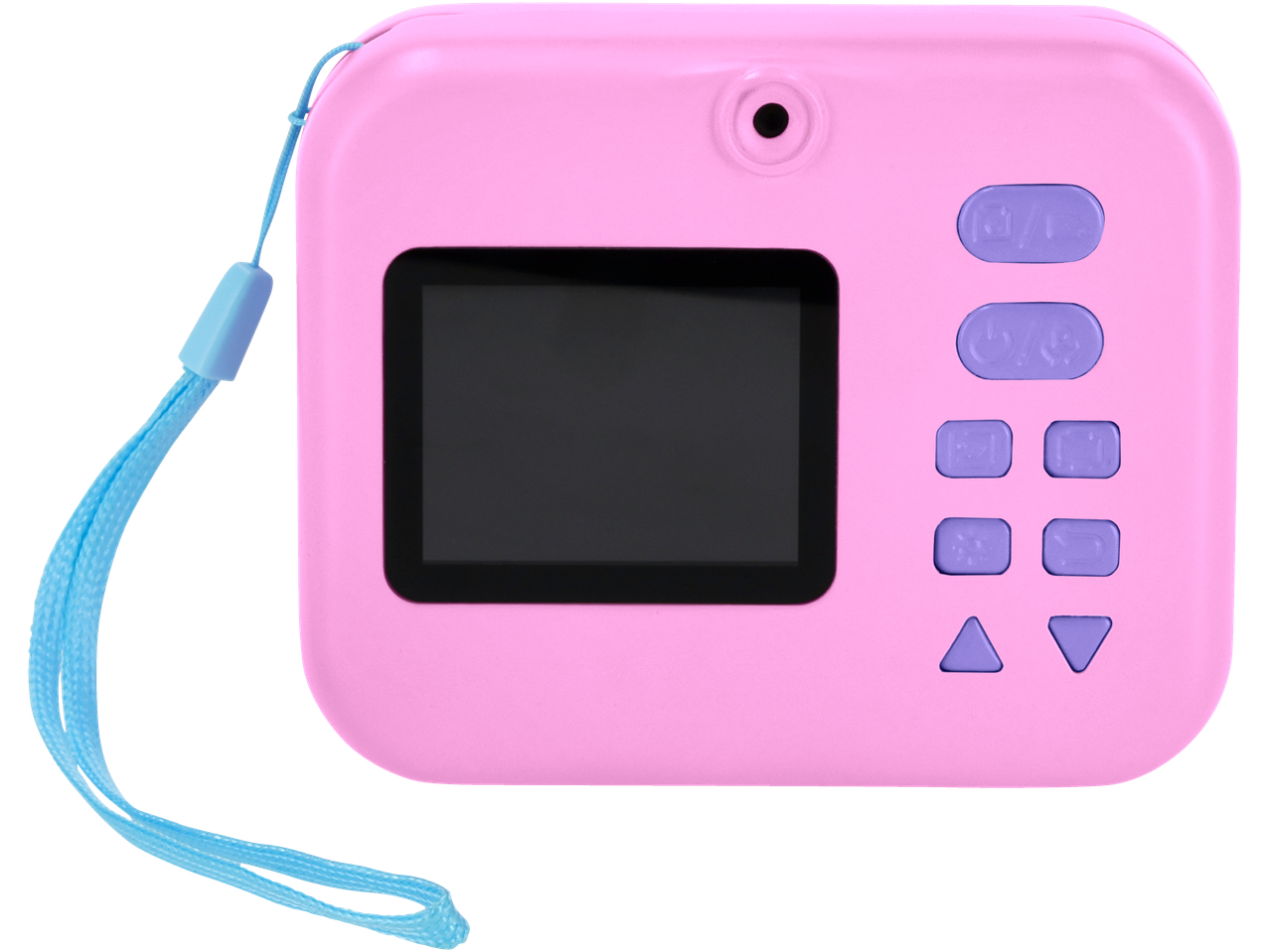 Máquina fotográfica digital rosa Lupilu com alça azul e botões roxos