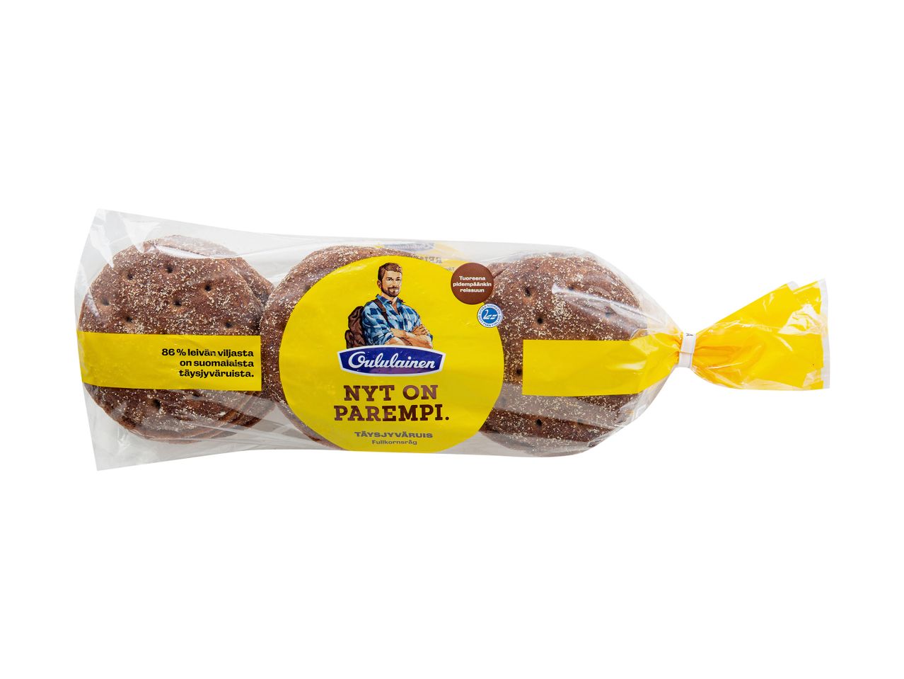 Oululainen-leipäpaketti, jossa on kolme pyöreää ruisleipää ja keltainen etiketti.