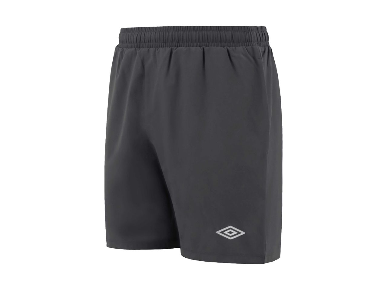 Mørkegrå sportsshorts med elastisk linning og et hvidt logo på venstre ben.
