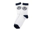 White socks with navy blue cuffs, heels, and toes, featuring a Scotland crest.