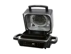 A black Cuisinart indoor grill and broiler with its top section lifted.