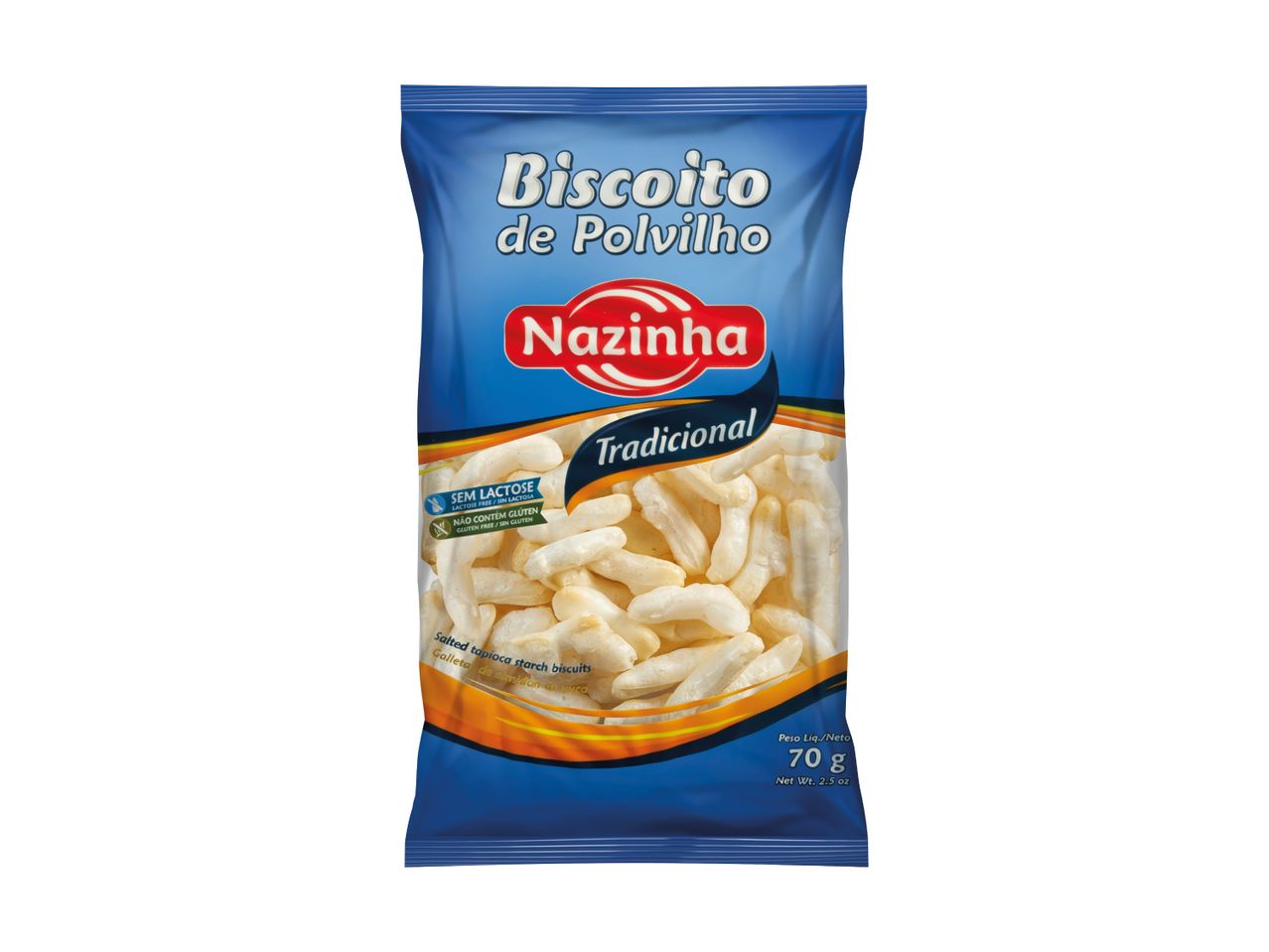 Blue bag of traditional salted tapioca starch biscuits, 70g, lactose and gluten-free.