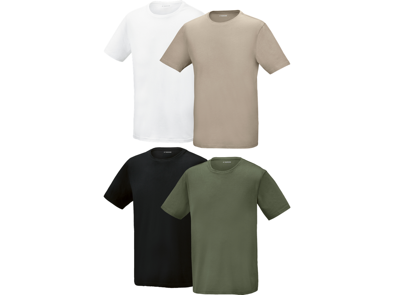 Fyra enfärgade t-shirts i vitt, beige, svart och olivgrönt.
