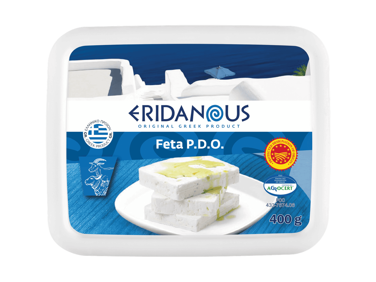 Fromage feta dans un emballage avec un fond de paysage grec, 400 g