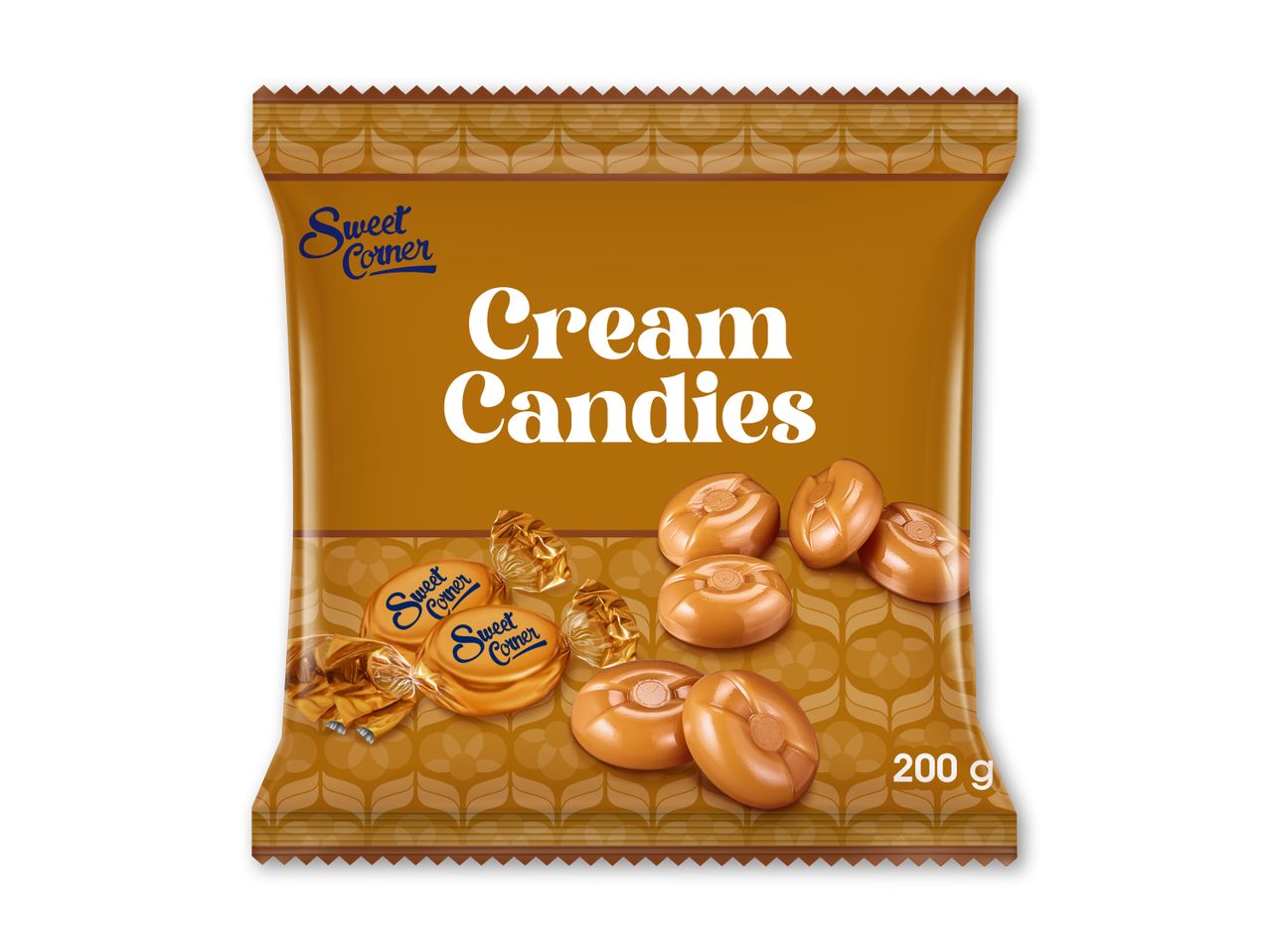 En pose Sweet Corner Cream Candies med karameller og indpakkede slik.