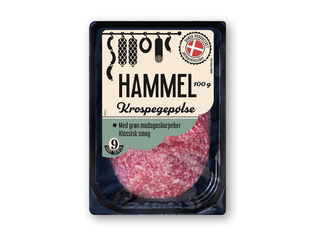 Pakke med Hammel Krospegepølse, 100g, med grøn madagaskarpeber.