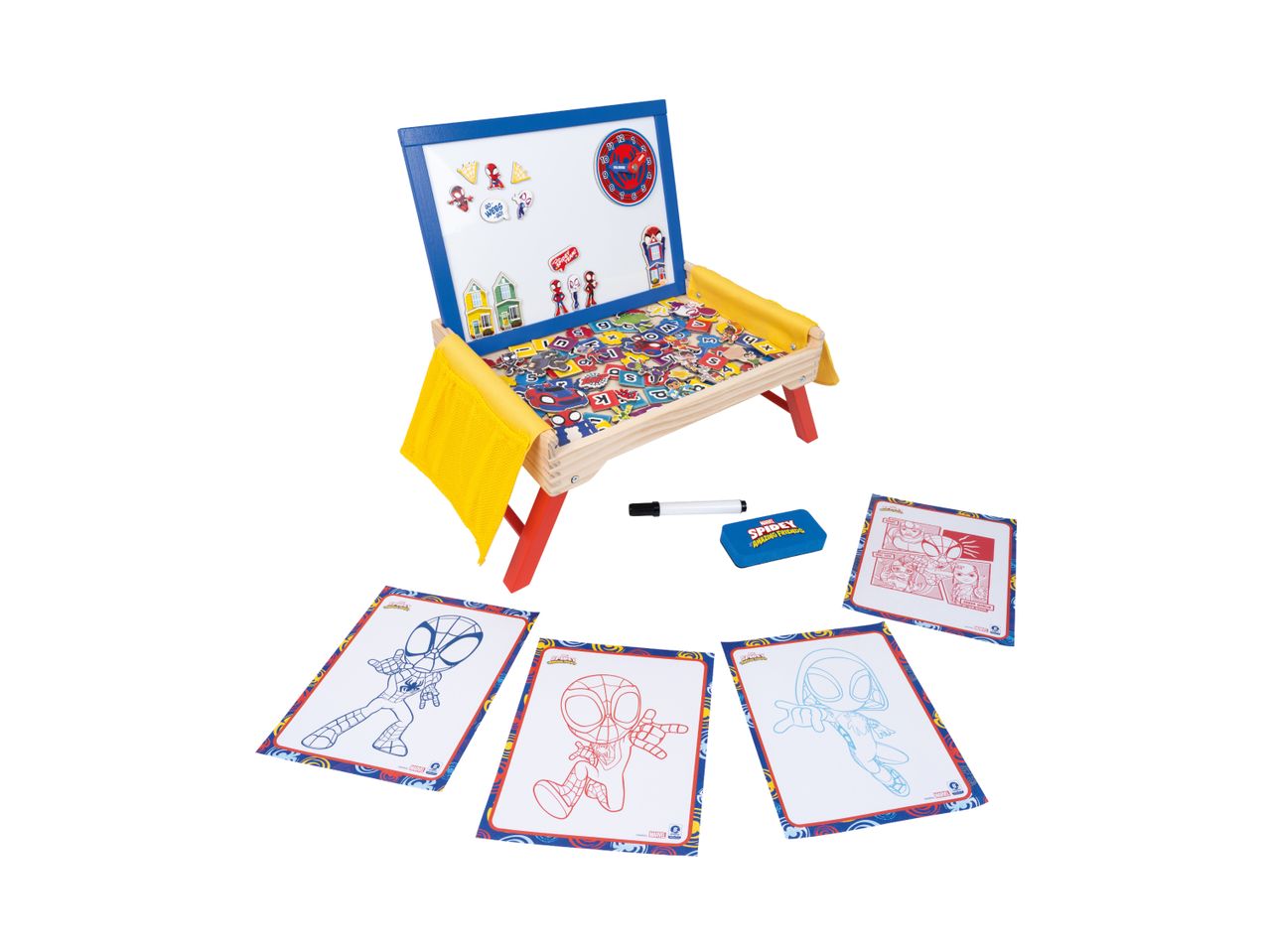 Spidey and Friends themed magnetic drawing board with letters, numbers, and coloring sheets.