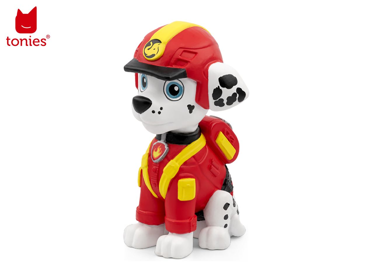 A Dalmatian dog toy wearing a red firefighter uniform and helmet.