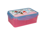 Pink lunch box with a blue lid featuring a cartoon mouse character and abstract shapes.
