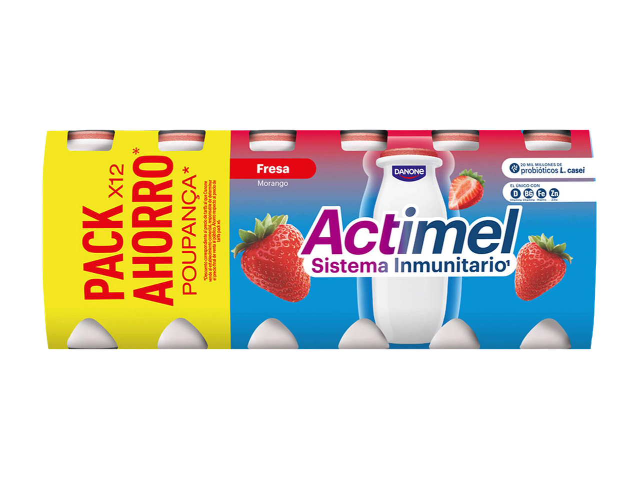 Pack de 12 iogurtes líquidos de morango com probióticos e vitaminas para o sistema imunitário.