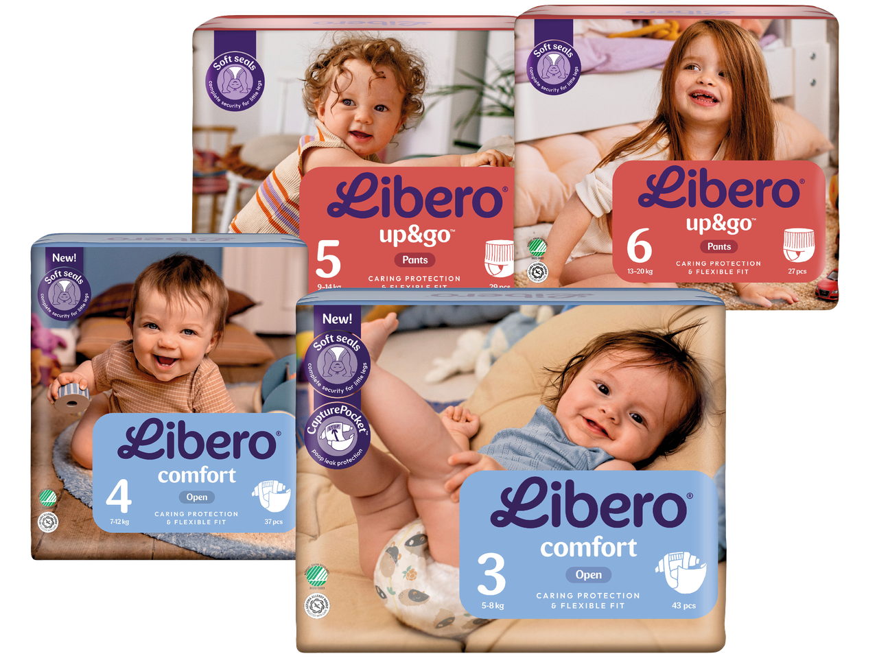 Libero blöjor och blöjbyxor i storlekar 3-6, med fokus på komfort och läckageskydd.