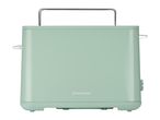 Light green toaster with a metal handle on top, viewed from the front.