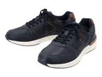 Pair of men's navy blue sneakers with brown accents and white soles.