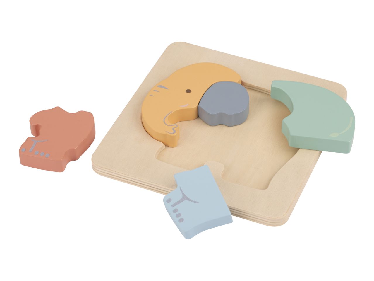 Wooden animal puzzle with an elephant, whale, and other sea creatures.