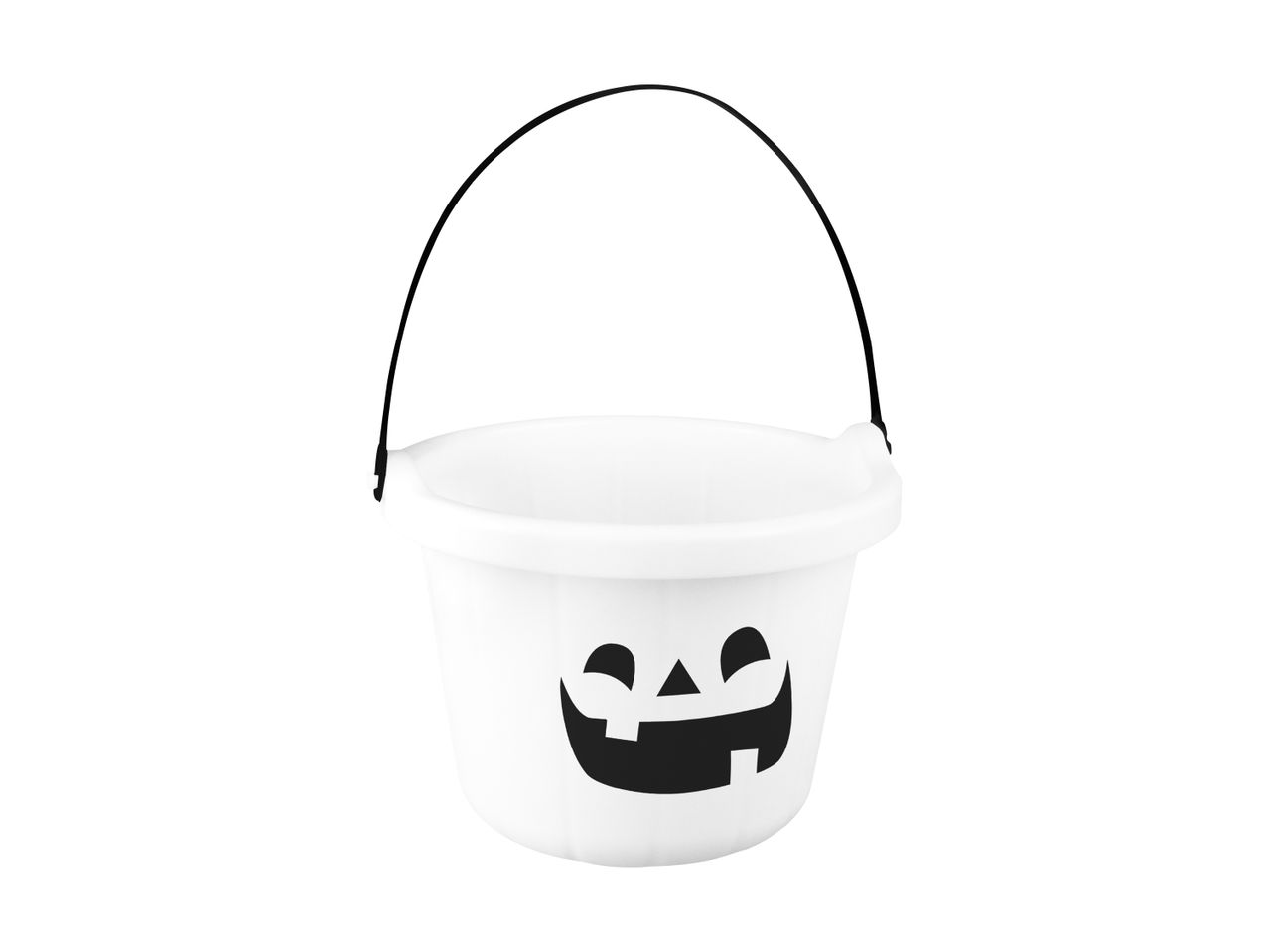 White Halloween candy bucket with a black jack-o'-lantern face
