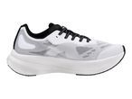 White and black athletic shoe with textured mesh upper and thick sole.