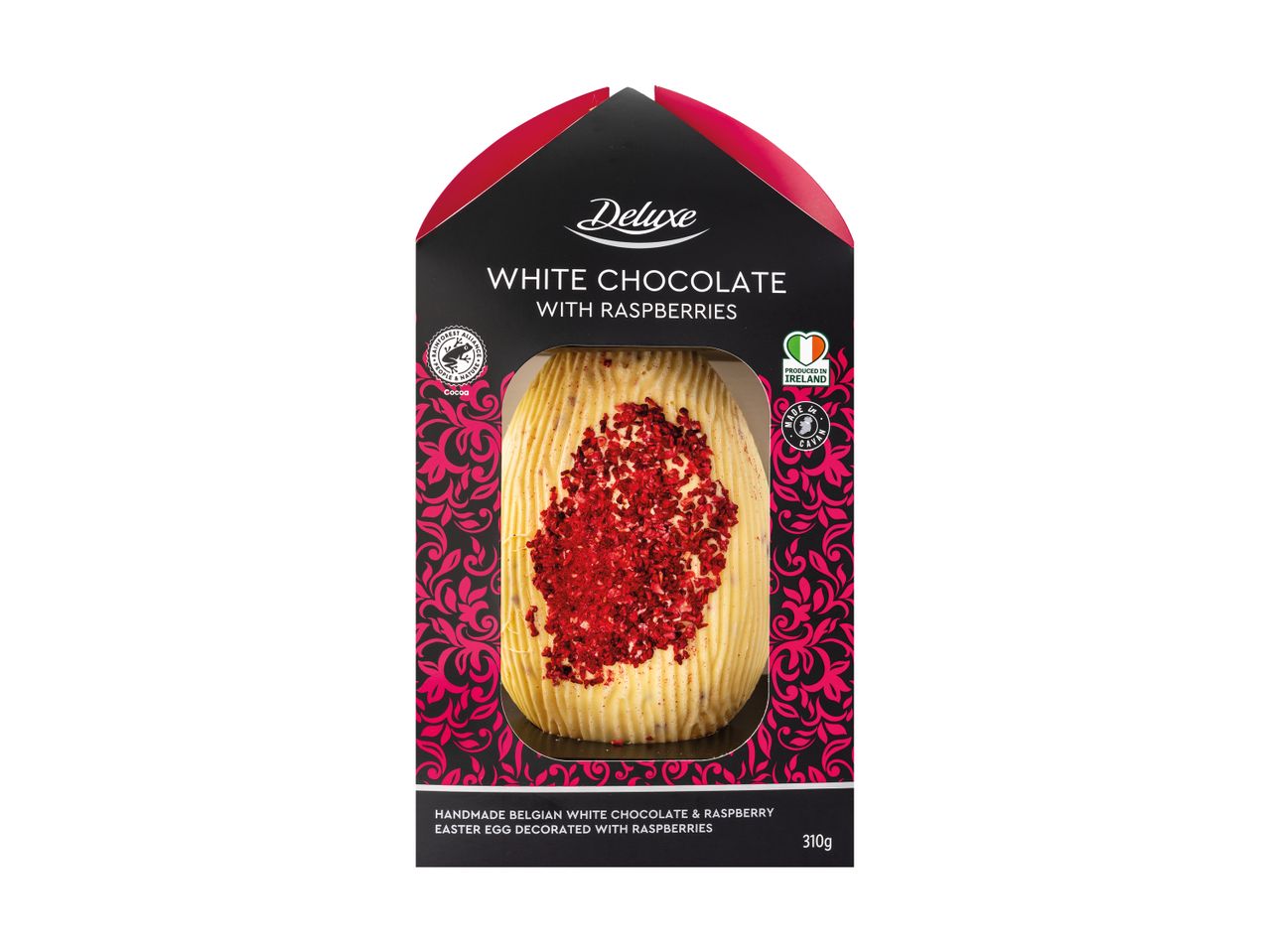 White chocolate Easter egg with raspberries, handmade in Ireland, 310g.