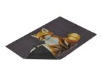 Autumn-themed doormat with a fox and pumpkins on a dark background.