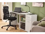 Secretária branca com cadeira de escritório preta e candeeiro de mesa LED LIVARNO.