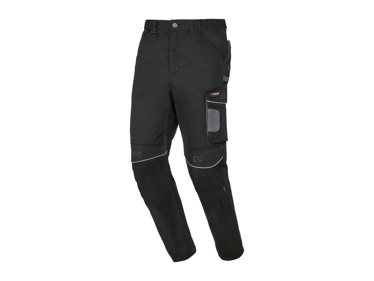 Black Parkside work trousers with reflective details and multiple pockets